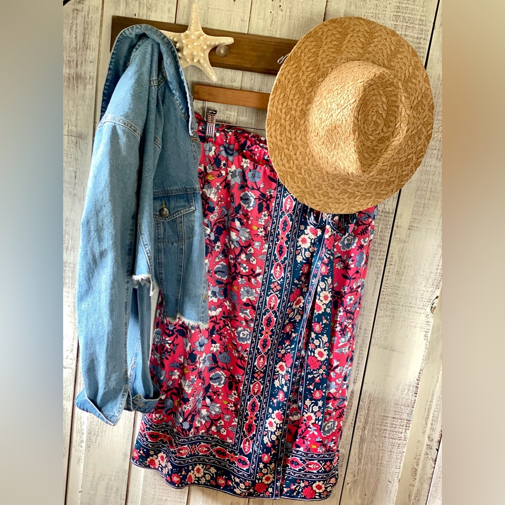 LOFT Vibrant Floral Maxi Skirt in Pink and Navy